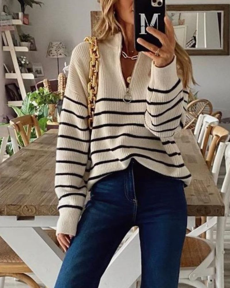 ALICE - Casual Striped Black and White Pullover