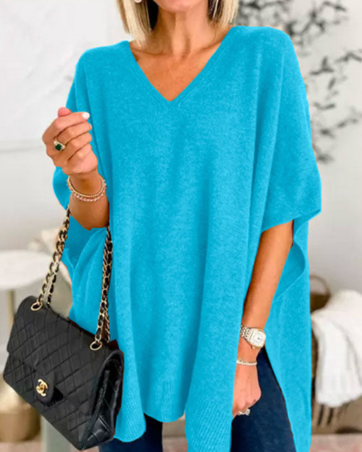 ERICA - V Neck Loose Fit Solid Poncho Sweater