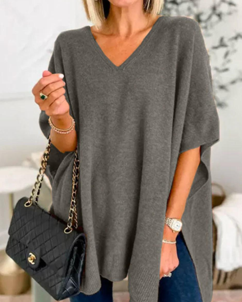 ERICA - V Neck Loose Fit Solid Poncho Sweater